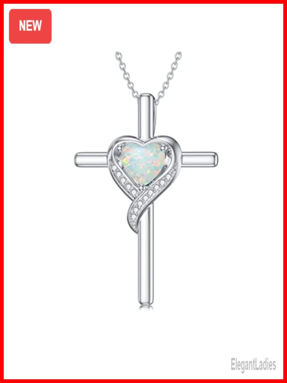 925 Sterling Silver Opal Heart Cross Pendant Necklace 18+2" Chain Women